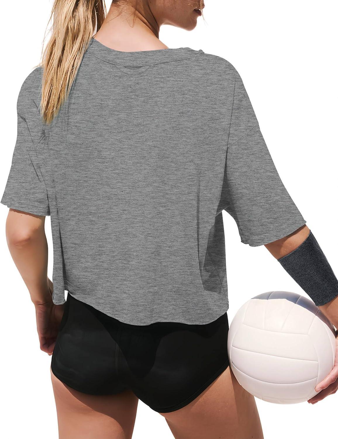 imageXIEERDUO Cotton Tshirts for Women Drop Shoulder Round Neck Oversized Crop Tops Workout Tops TeesO Pure Grey