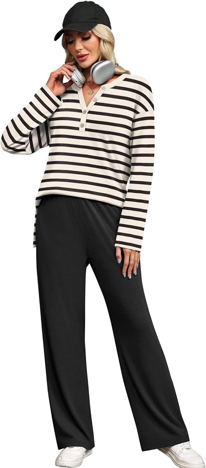 imageXIEERDUO Lounge Sets for Women 2 Piece V Neck Button Matching Sweatsuit Loungewear Fall Outfits Fashion Clothing PajamasBlack Stripe