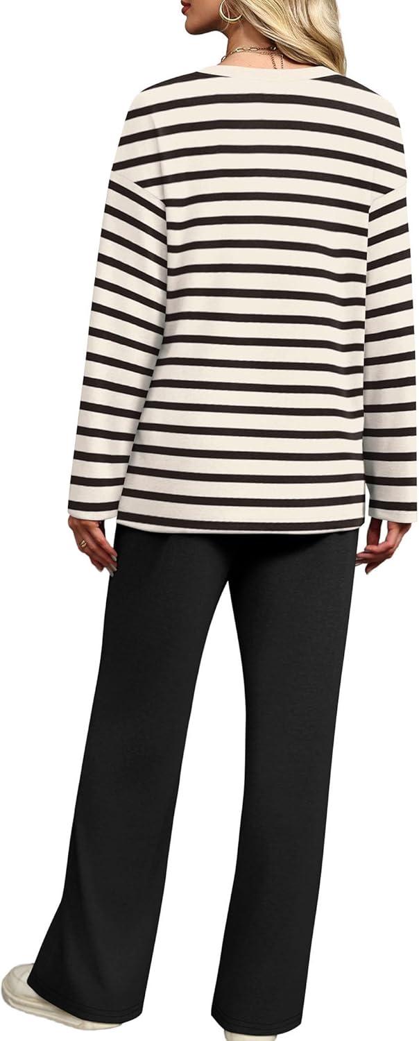 imageXIEERDUO Lounge Sets for Women 2 Piece V Neck Button Matching Sweatsuit Loungewear Fall Outfits Fashion Clothing PajamasBlack Stripe