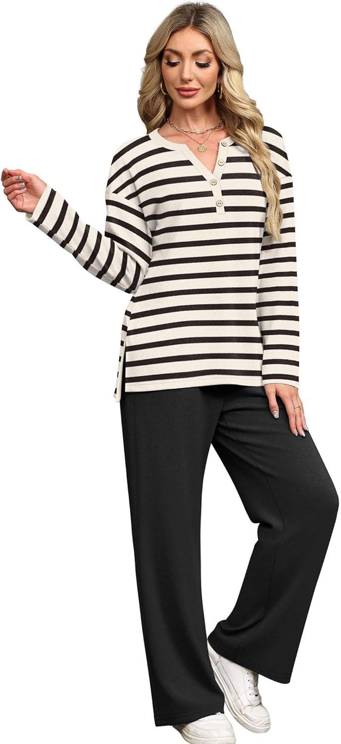 imageXIEERDUO Lounge Sets for Women 2 Piece V Neck Button Matching Sweatsuit Loungewear Fall Outfits Fashion Clothing PajamasBlack Stripe