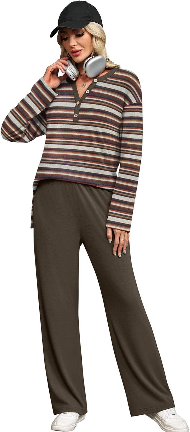 imageXIEERDUO Lounge Sets for Women 2 Piece V Neck Button Matching Sweatsuit Loungewear Fall Outfits Fashion Clothing PajamasBrown Stripe