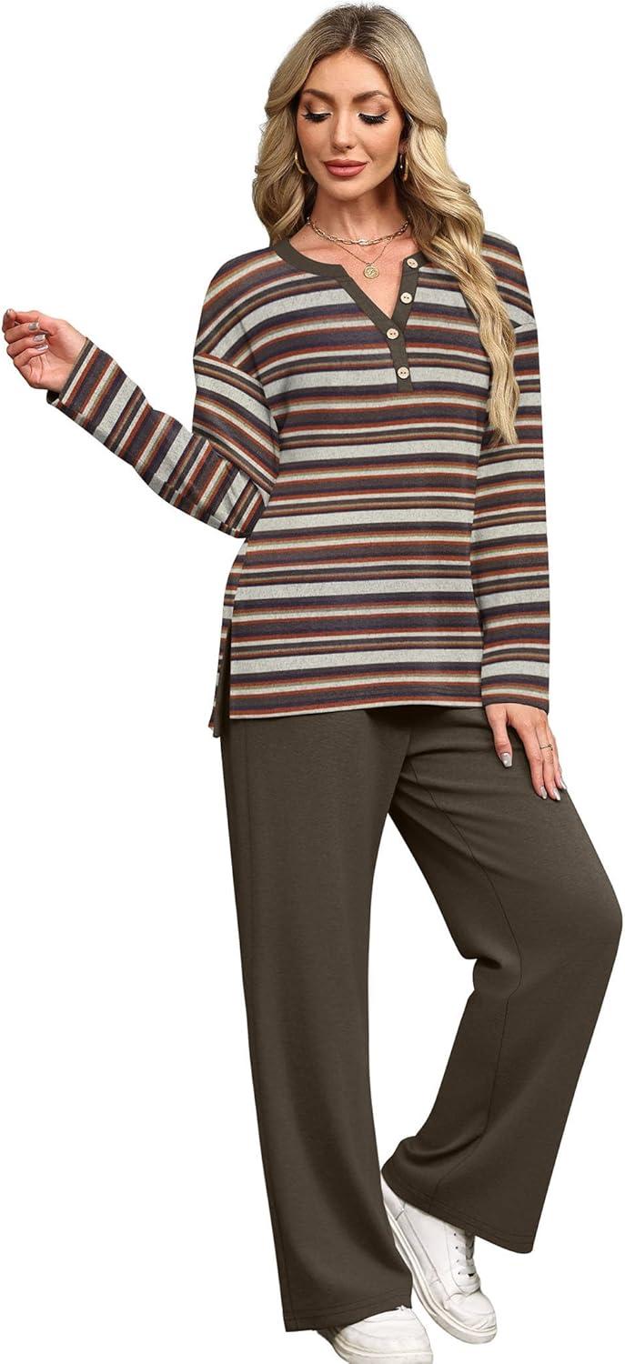 imageXIEERDUO Lounge Sets for Women 2 Piece V Neck Button Matching Sweatsuit Loungewear Fall Outfits Fashion Clothing PajamasBrown Stripe