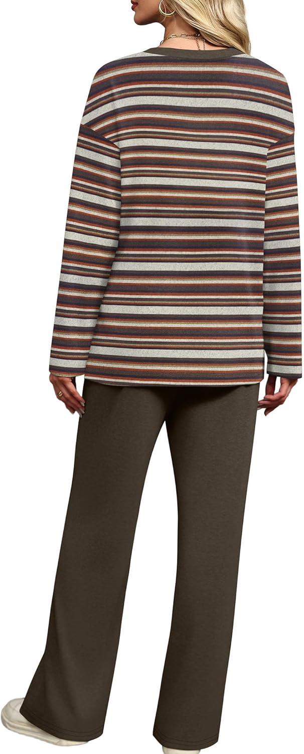 imageXIEERDUO Lounge Sets for Women 2 Piece V Neck Button Matching Sweatsuit Loungewear Fall Outfits Fashion Clothing PajamasBrown Stripe