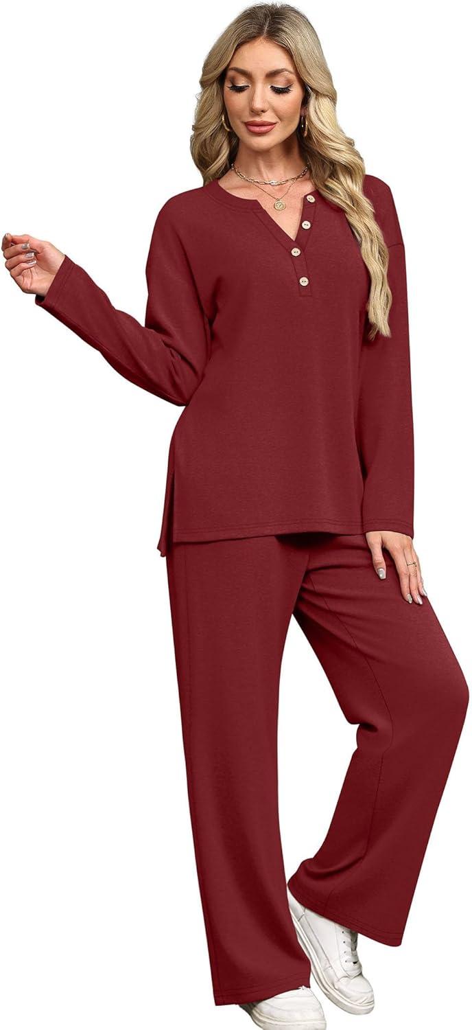 imageXIEERDUO Lounge Sets for Women 2 Piece V Neck Button Matching Sweatsuit Loungewear Fall Outfits Fashion Clothing PajamasRed