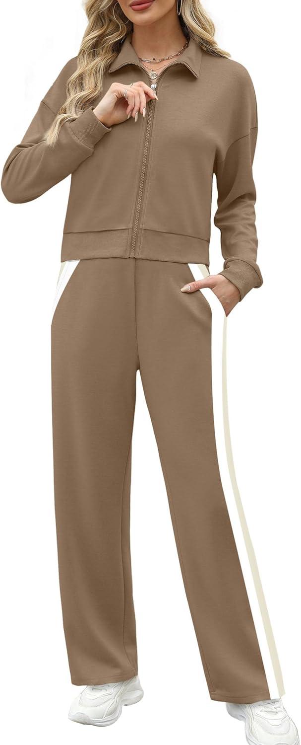 imageXIEERDUO Lounge Sets for Women 2025 Sweatsuit 2 Piece Outfits Sweatshirt Wide Leg Sweatpant Tracksuit Matching SetCoffe