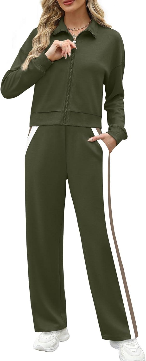 imageXIEERDUO Lounge Sets for Women 2025 Sweatsuit 2 Piece Outfits Sweatshirt Wide Leg Sweatpant Tracksuit Matching SetOlive Green