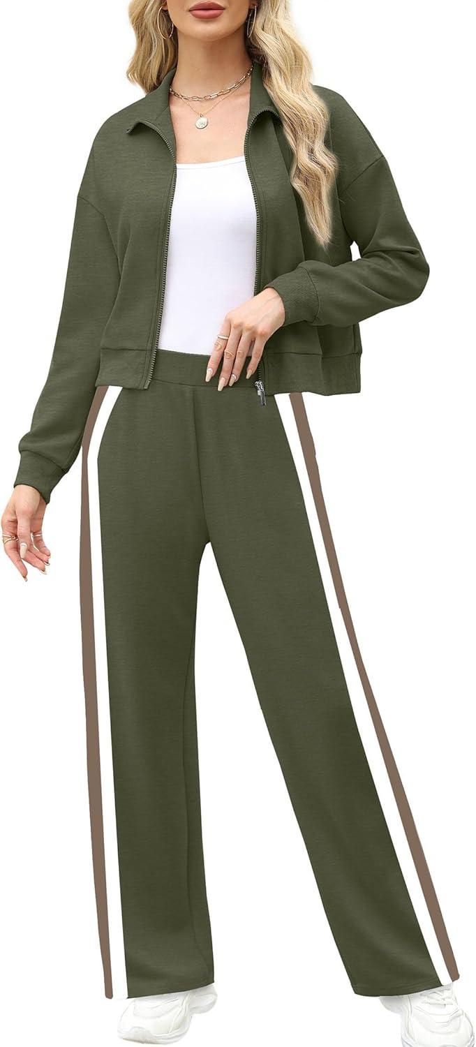 imageXIEERDUO Lounge Sets for Women 2025 Sweatsuit 2 Piece Outfits Sweatshirt Wide Leg Sweatpant Tracksuit Matching SetOlive Green