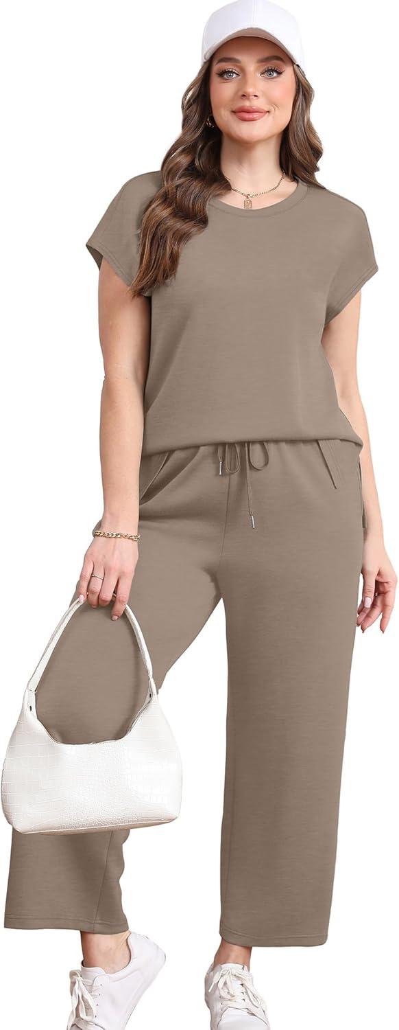 imageXIEERDUO Womens Cap Sleeve Lounge Sets 2 Piece Travel Outfits Airport Tracksuits Wide Leg Loungewear S3XLA Khaki