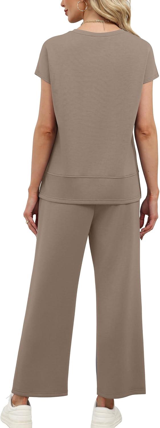imageXIEERDUO Womens Cap Sleeve Lounge Sets 2 Piece Travel Outfits Airport Tracksuits Wide Leg Loungewear S3XLA Khaki