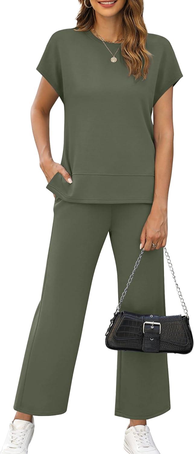 imageXIEERDUO Womens Cap Sleeve Lounge Sets 2 Piece Travel Outfits Airport Tracksuits Wide Leg Loungewear S3XLArmy Green