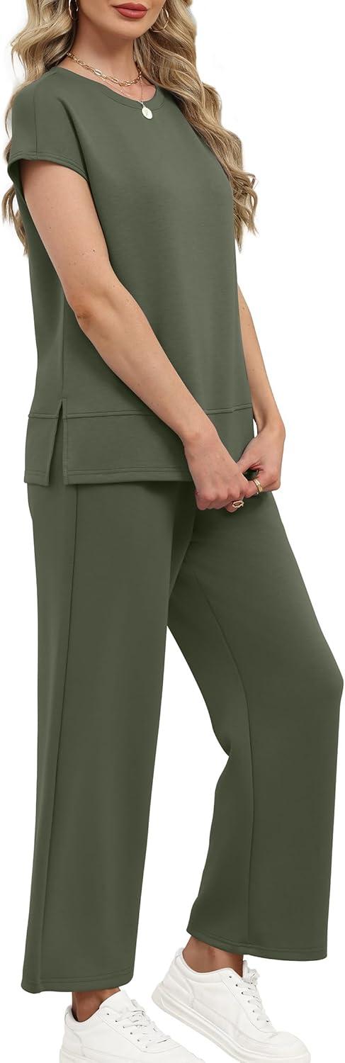 imageXIEERDUO Womens Cap Sleeve Lounge Sets 2 Piece Travel Outfits Airport Tracksuits Wide Leg Loungewear S3XLArmy Green