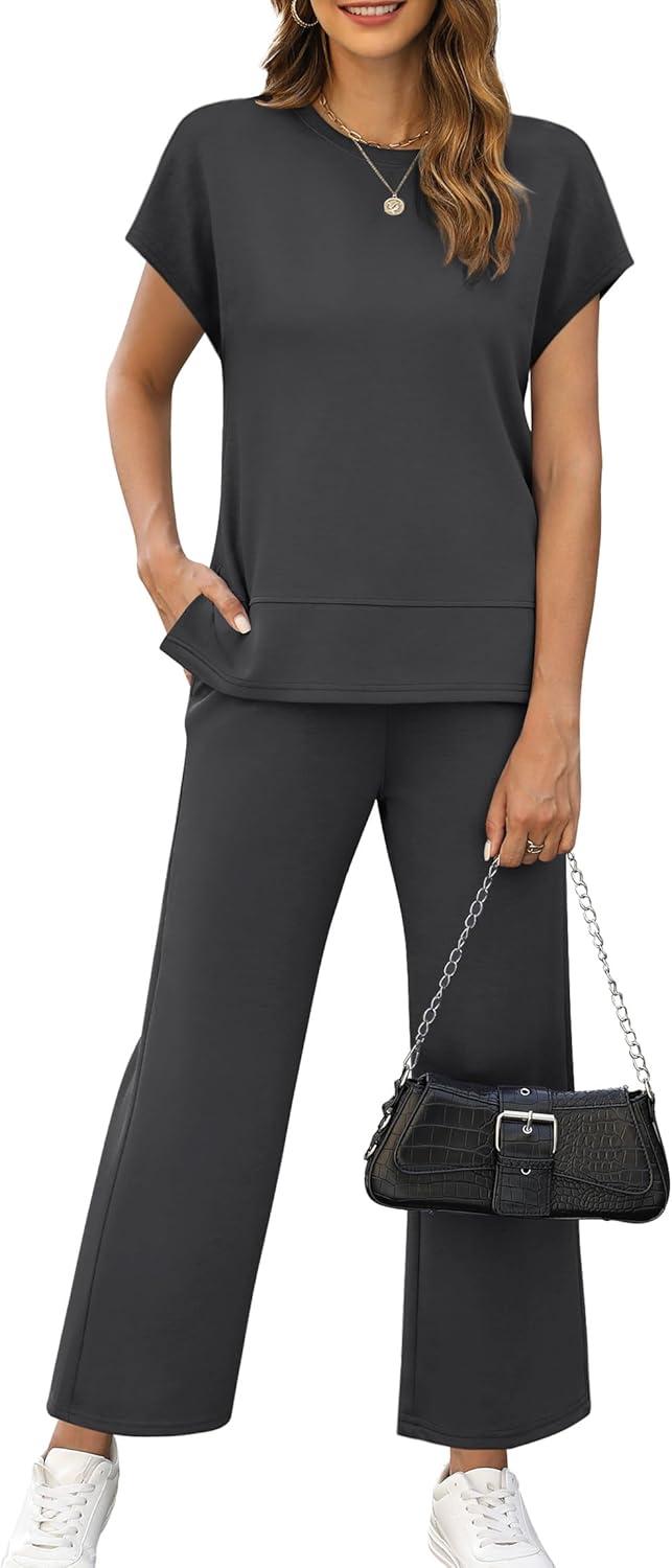 imageXIEERDUO Womens Cap Sleeve Lounge Sets 2 Piece Travel Outfits Airport Tracksuits Wide Leg Loungewear S3XLDark Grey