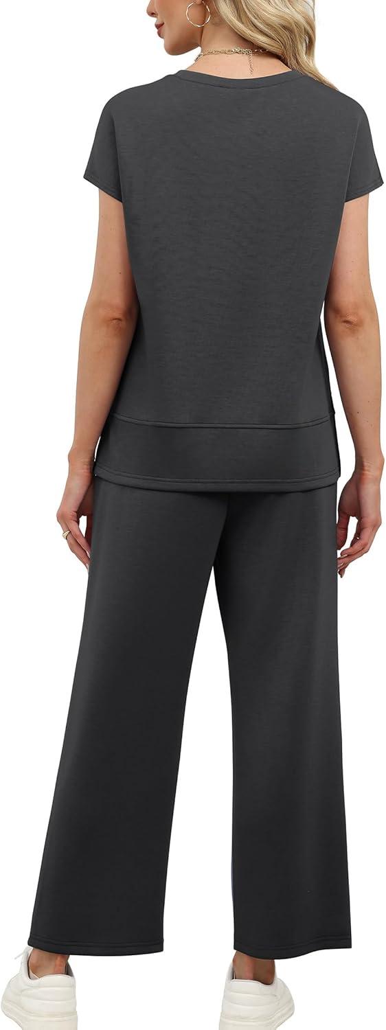 imageXIEERDUO Womens Cap Sleeve Lounge Sets 2 Piece Travel Outfits Airport Tracksuits Wide Leg Loungewear S3XLDark Grey