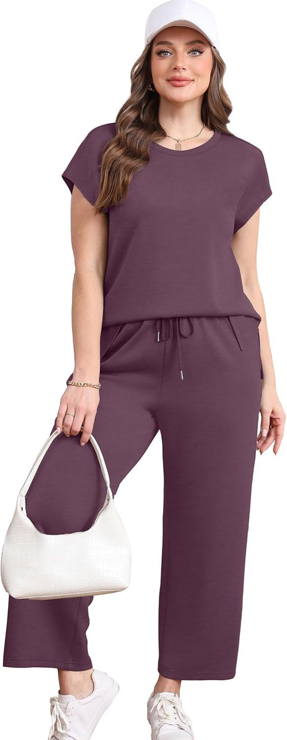 imageXIEERDUO Womens Cap Sleeve Lounge Sets 2 Piece Travel Outfits Airport Tracksuits Wide Leg Loungewear S3XLDark Purple