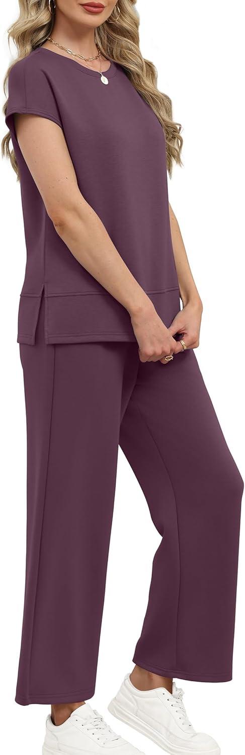 imageXIEERDUO Womens Cap Sleeve Lounge Sets 2 Piece Travel Outfits Airport Tracksuits Wide Leg Loungewear S3XLDark Purple