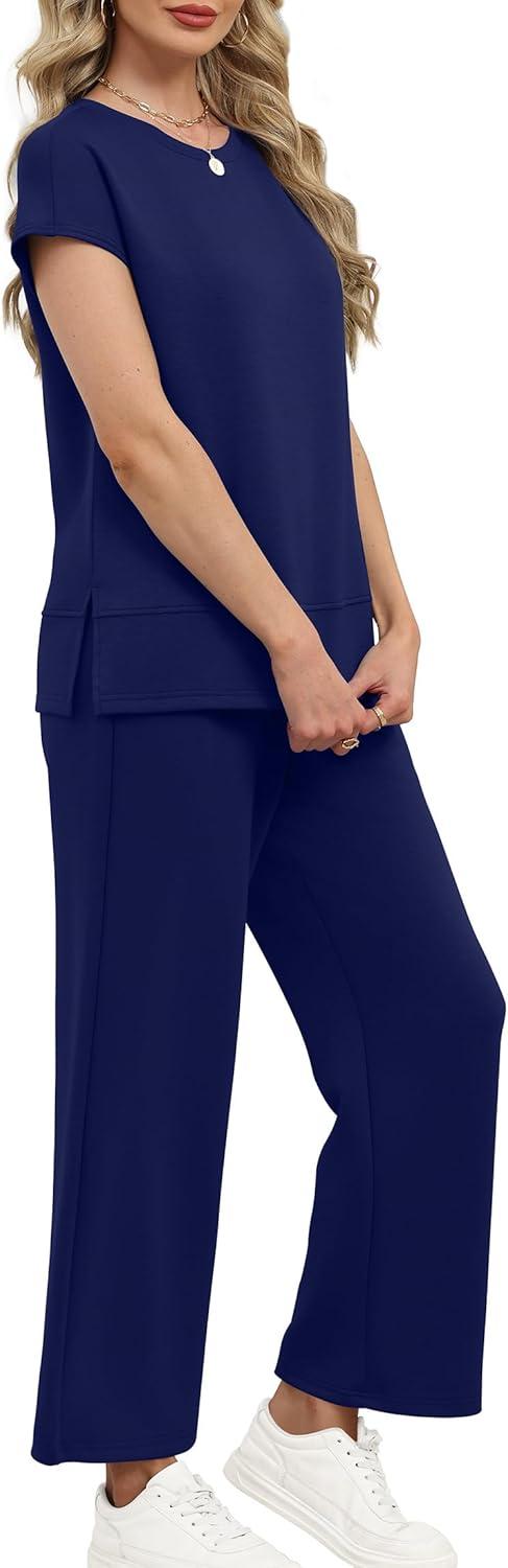 imageXIEERDUO Womens Cap Sleeve Lounge Sets 2 Piece Travel Outfits Airport Tracksuits Wide Leg Loungewear S3XLNavy
