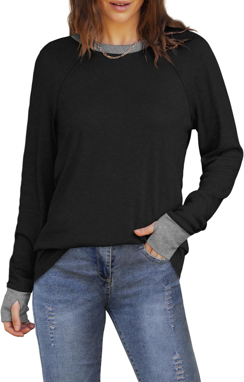 imageXIEERDUO Womens Tunic Tops to Wear with Leggings Long Sleeve Thumb Hole Shirts Crew Neck Curved HemCcolor Block Black