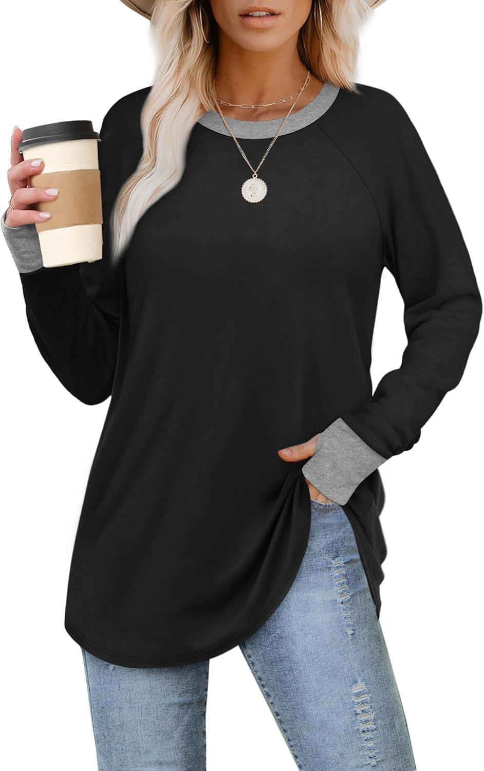 imageXIEERDUO Womens Tunic Tops to Wear with Leggings Long Sleeve Thumb Hole Shirts Crew Neck Curved HemCcolor Block Black