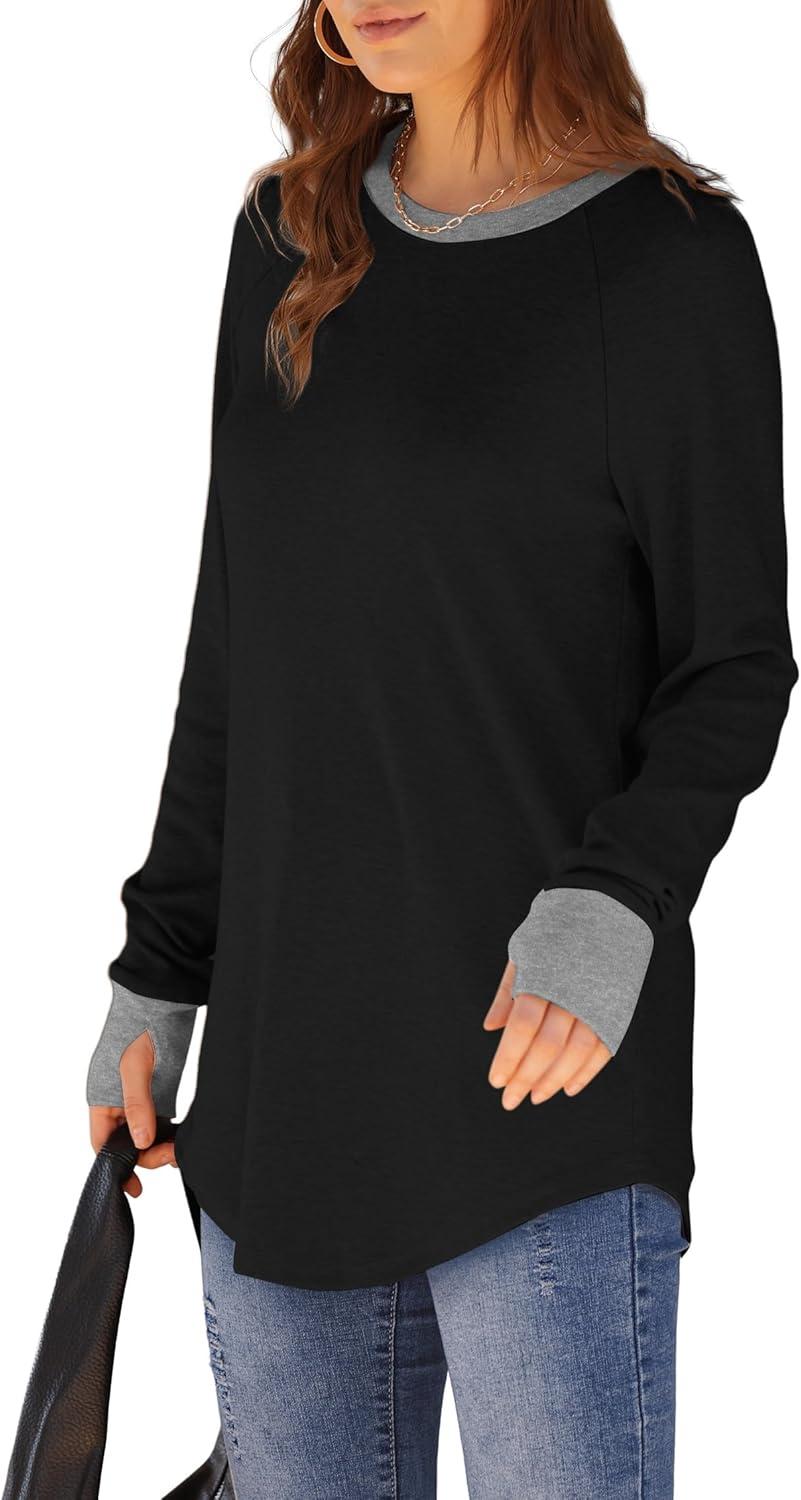 imageXIEERDUO Womens Tunic Tops to Wear with Leggings Long Sleeve Thumb Hole Shirts Crew Neck Curved HemCcolor Block Black