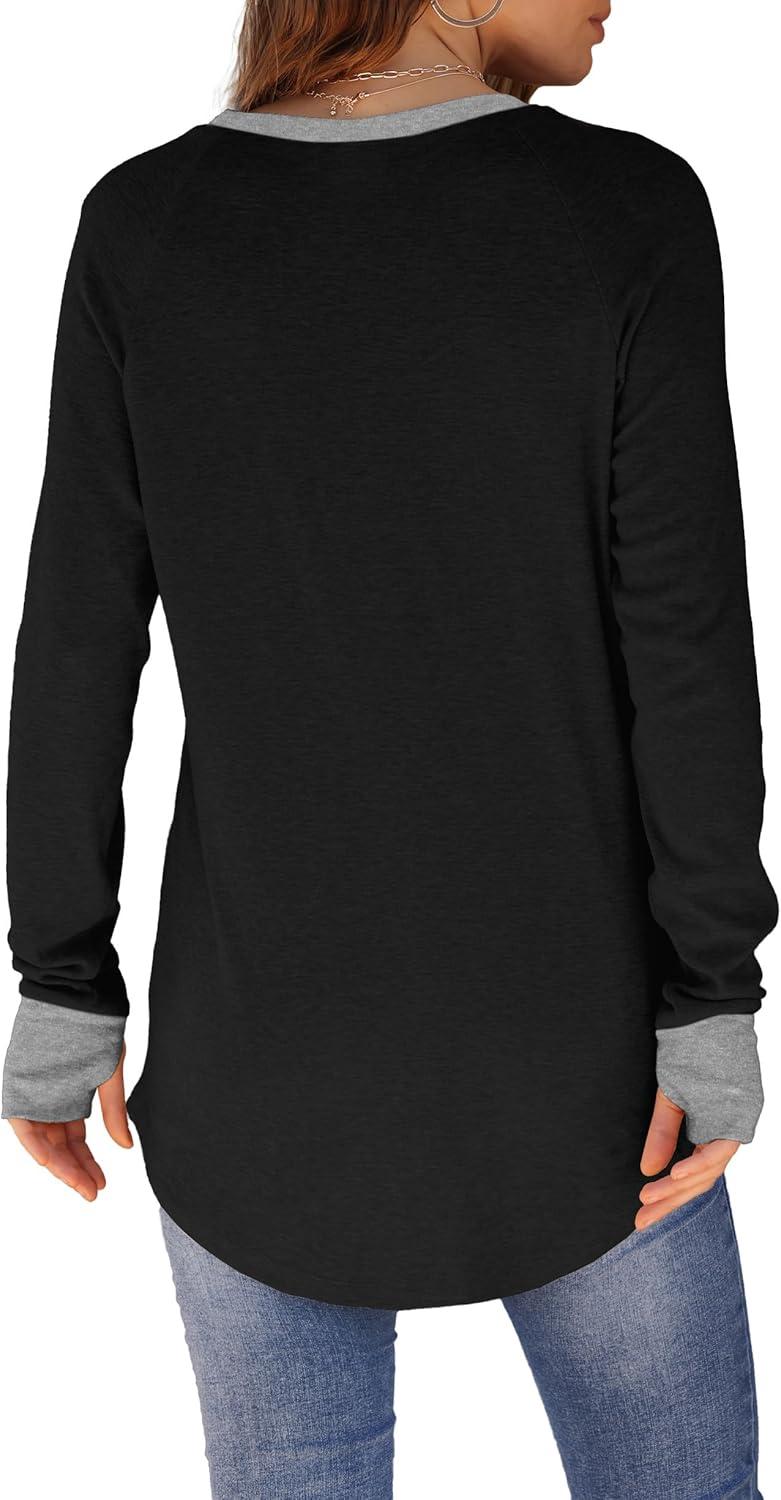imageXIEERDUO Womens Tunic Tops to Wear with Leggings Long Sleeve Thumb Hole Shirts Crew Neck Curved HemCcolor Block Black