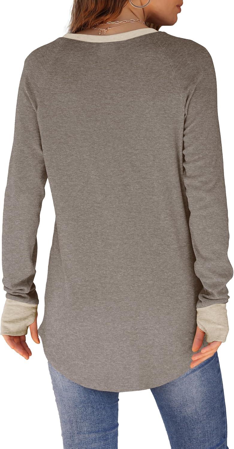 imageXIEERDUO Womens Tunic Tops to Wear with Leggings Long Sleeve Thumb Hole Shirts Crew Neck Curved HemCcolor Block Brown