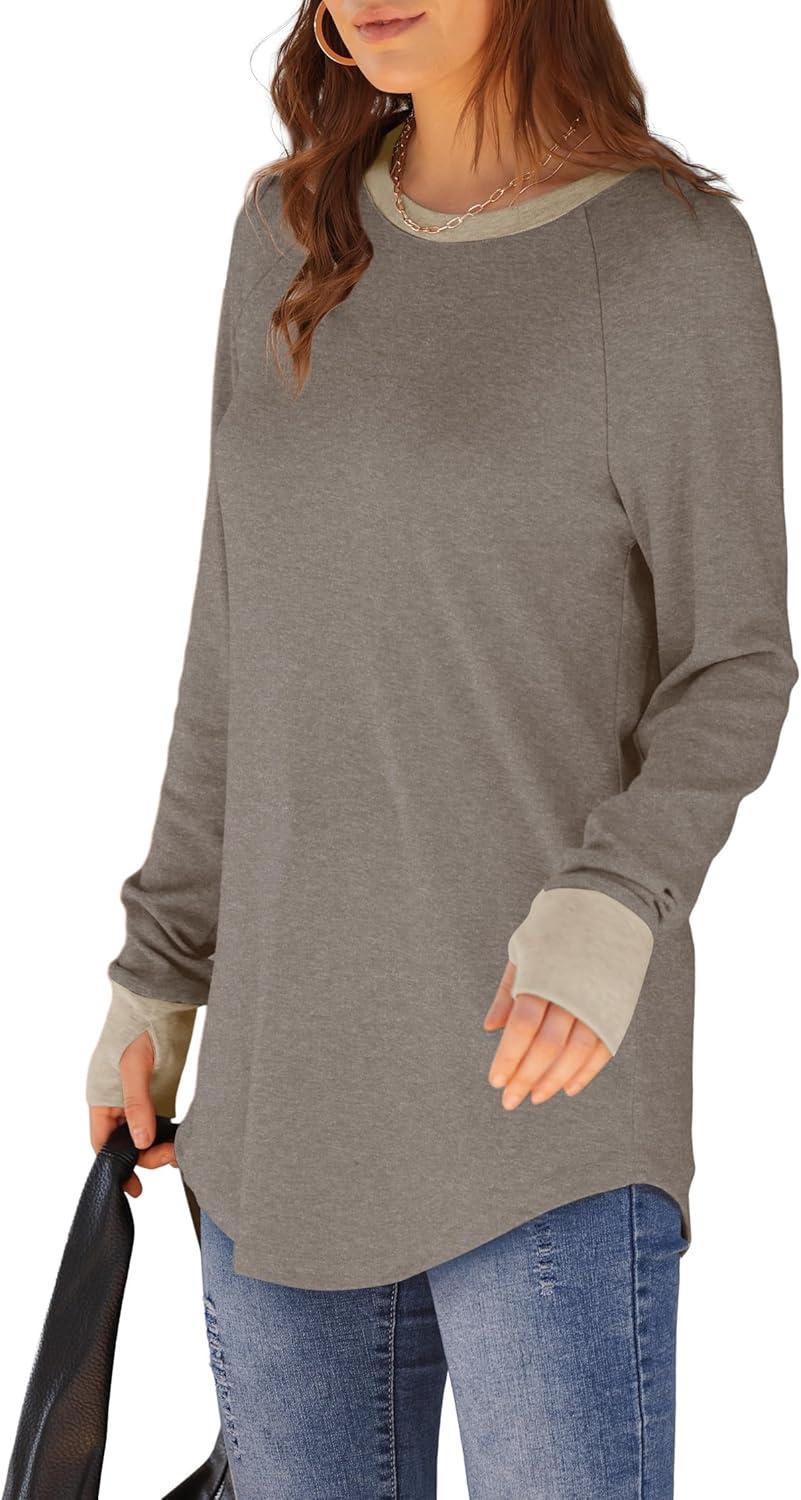 imageXIEERDUO Womens Tunic Tops to Wear with Leggings Long Sleeve Thumb Hole Shirts Crew Neck Curved HemCcolor Block Brown