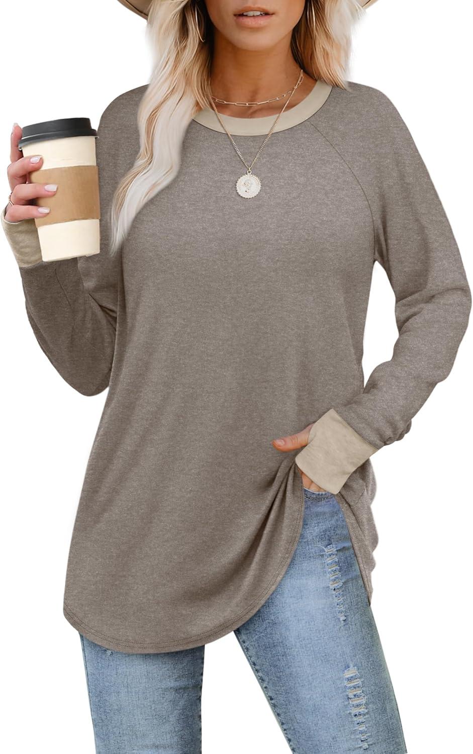 imageXIEERDUO Womens Tunic Tops to Wear with Leggings Long Sleeve Thumb Hole Shirts Crew Neck Curved HemCcolor Block Brown