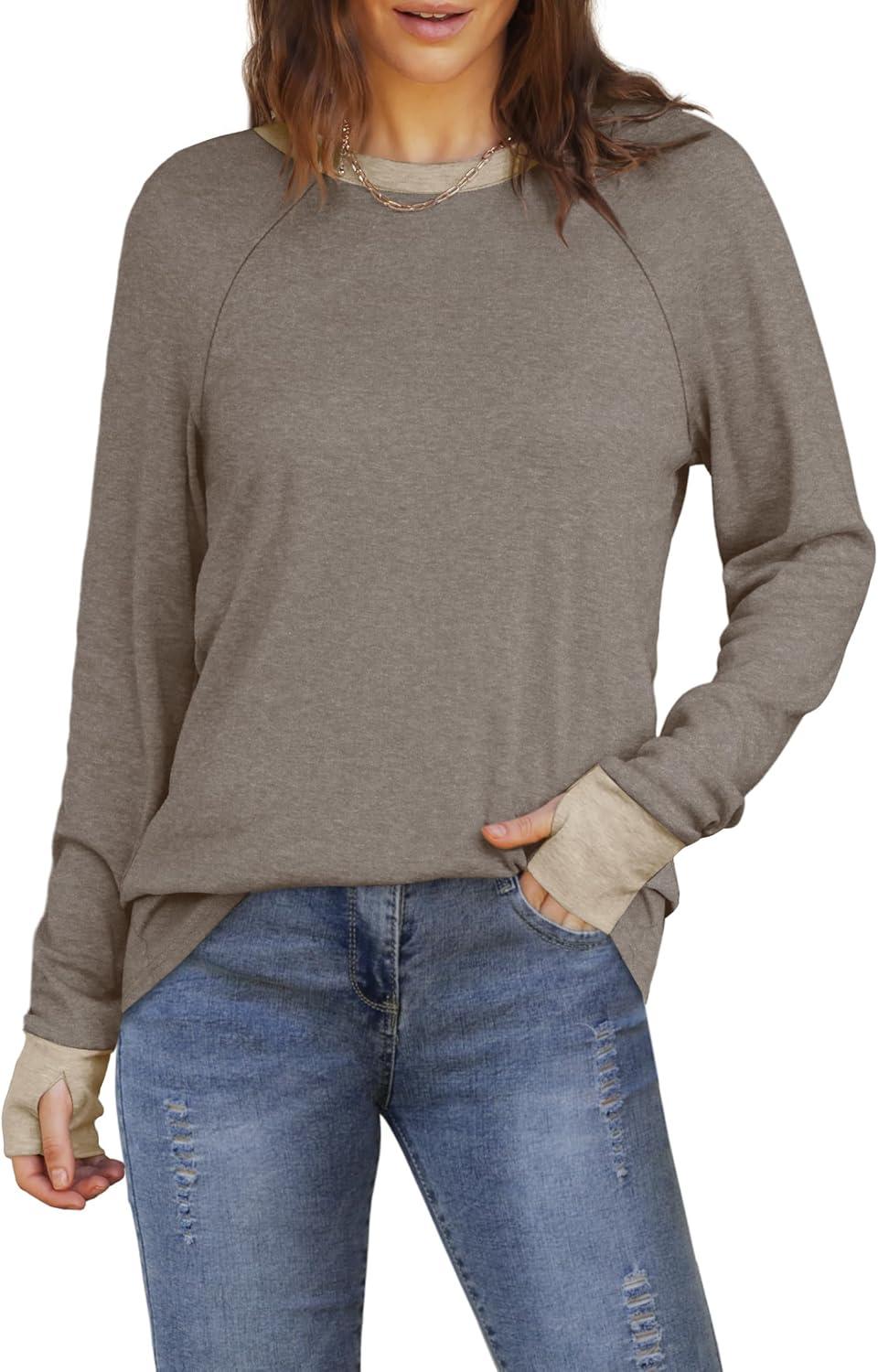 imageXIEERDUO Womens Tunic Tops to Wear with Leggings Long Sleeve Thumb Hole Shirts Crew Neck Curved HemCcolor Block Brown