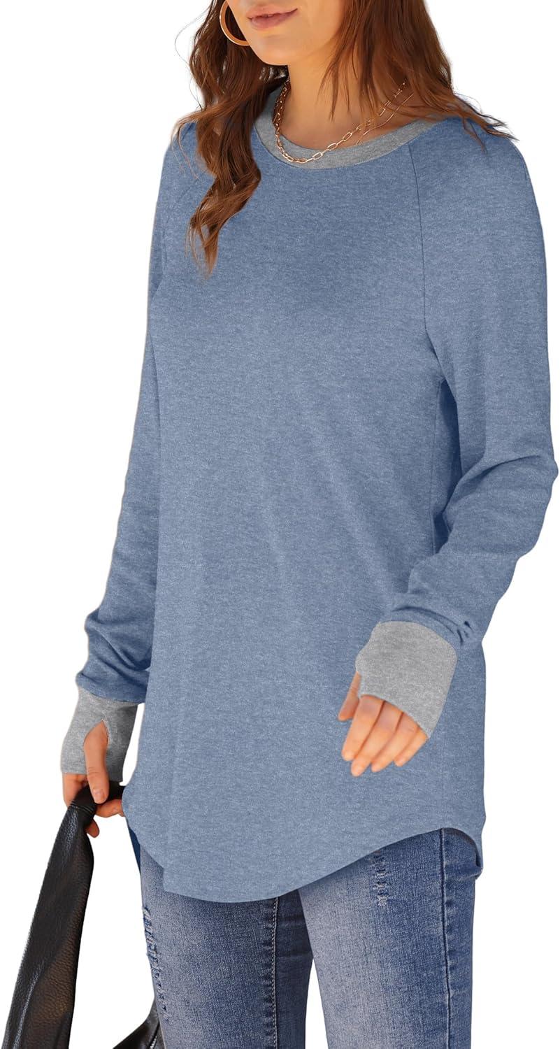 imageXIEERDUO Womens Tunic Tops to Wear with Leggings Long Sleeve Thumb Hole Shirts Crew Neck Curved HemRcolor Block Blue