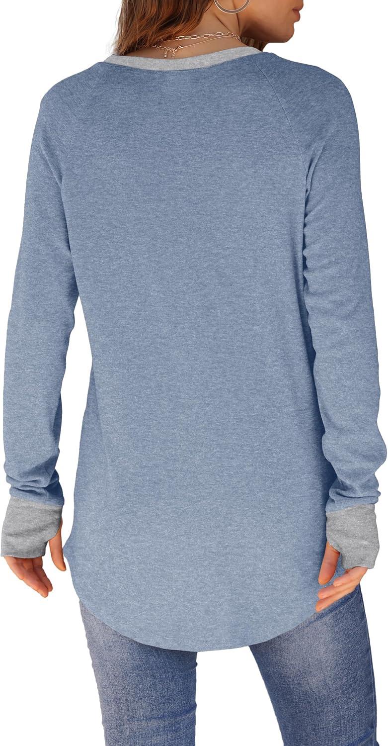 imageXIEERDUO Womens Tunic Tops to Wear with Leggings Long Sleeve Thumb Hole Shirts Crew Neck Curved HemRcolor Block Blue