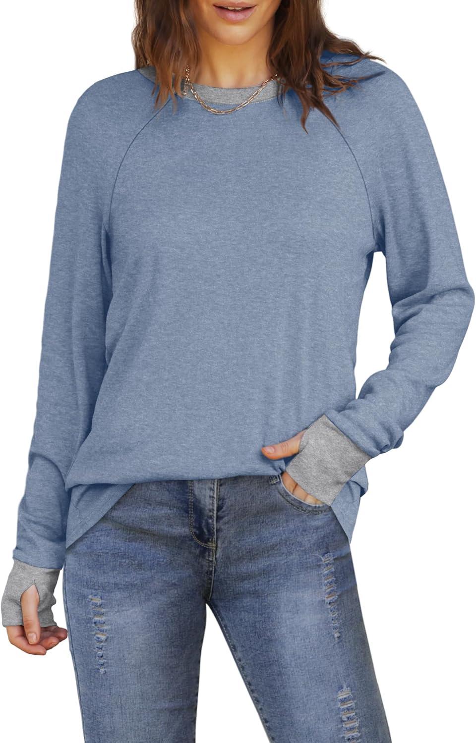 imageXIEERDUO Womens Tunic Tops to Wear with Leggings Long Sleeve Thumb Hole Shirts Crew Neck Curved HemRcolor Block Blue