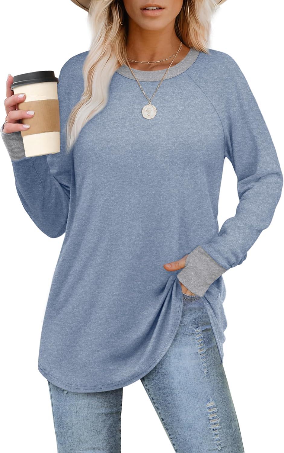 imageXIEERDUO Womens Tunic Tops to Wear with Leggings Long Sleeve Thumb Hole Shirts Crew Neck Curved HemRcolor Block Blue