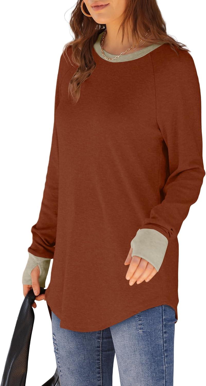 imageXIEERDUO Womens Tunic Tops to Wear with Leggings Long Sleeve Thumb Hole Shirts Crew Neck Curved HemRcolor Block Caramel
