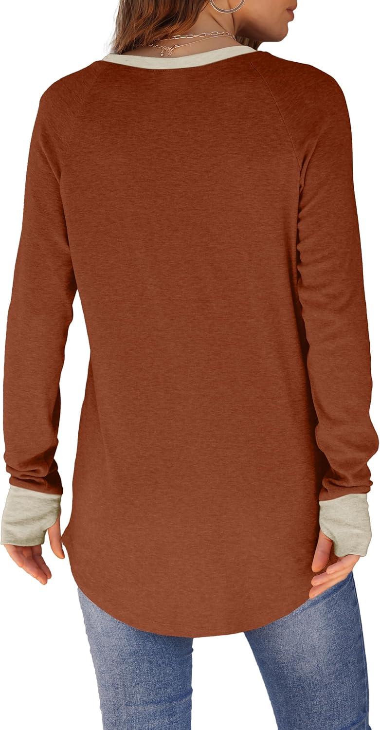 imageXIEERDUO Womens Tunic Tops to Wear with Leggings Long Sleeve Thumb Hole Shirts Crew Neck Curved HemRcolor Block Caramel