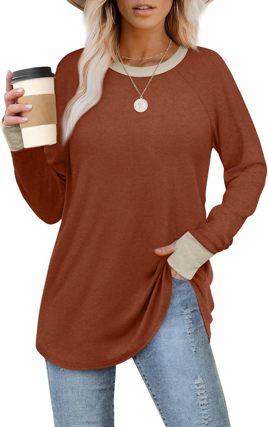 imageXIEERDUO Womens Tunic Tops to Wear with Leggings Long Sleeve Thumb Hole Shirts Crew Neck Curved HemRcolor Block Caramel
