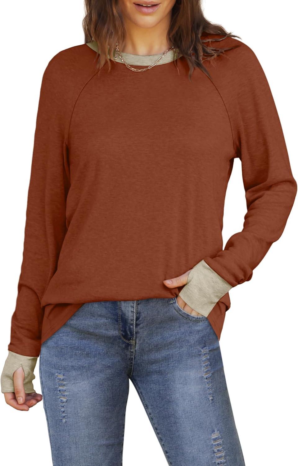 imageXIEERDUO Womens Tunic Tops to Wear with Leggings Long Sleeve Thumb Hole Shirts Crew Neck Curved HemRcolor Block Caramel