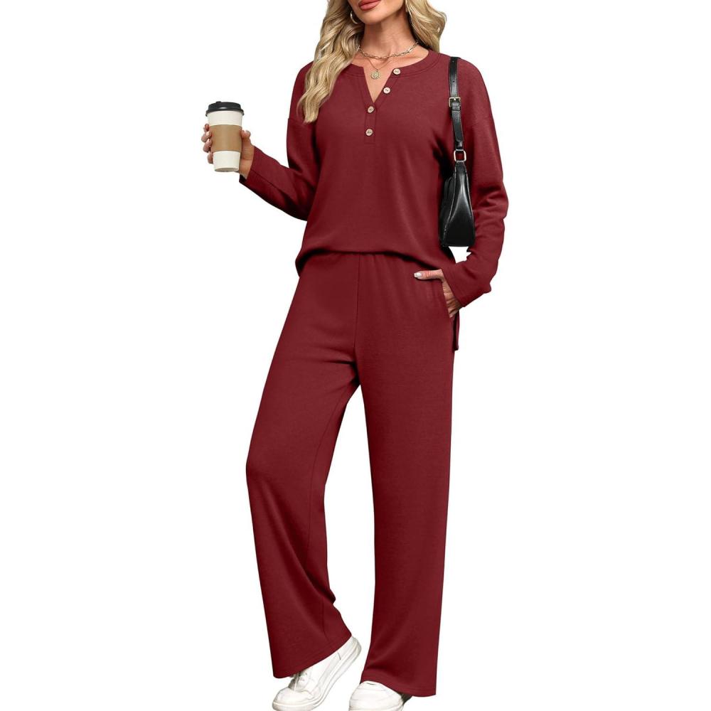 imageXIEERDUO Lounge Sets for Women 2 Piece V Neck Button Matching Sweatsuit Loungewear Fall Outfits Fashion Clothing PajamasRed