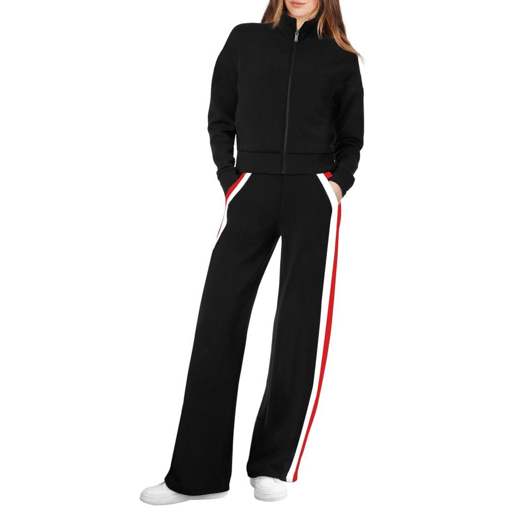 imageXIEERDUO Lounge Sets for Women 2025 Sweatsuit 2 Piece Outfits Sweatshirt Wide Leg Sweatpant Tracksuit Matching SetBlackred