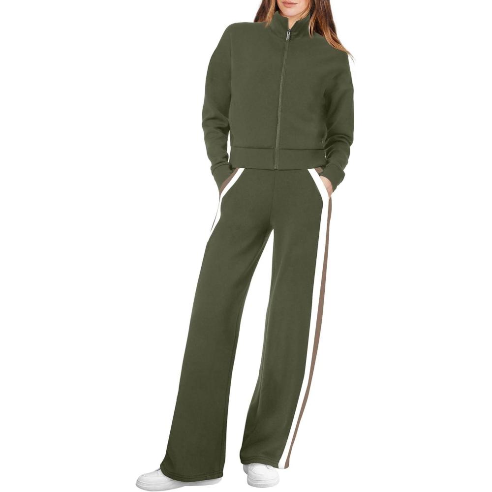 imageXIEERDUO Lounge Sets for Women 2025 Sweatsuit 2 Piece Outfits Sweatshirt Wide Leg Sweatpant Tracksuit Matching SetOlive Green
