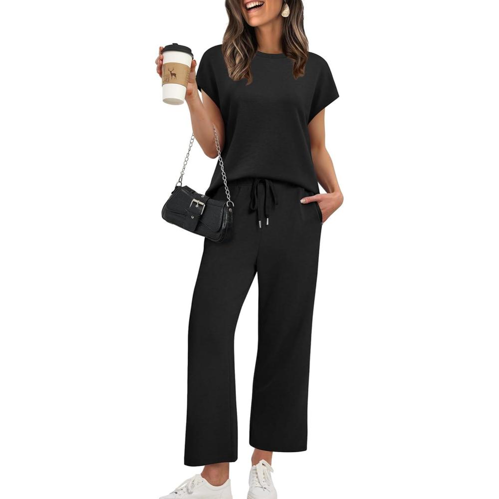 imageXIEERDUO Womens Cap Sleeve Lounge Sets 2 Piece Travel Outfits Airport Tracksuits Wide Leg Loungewear S3XLA Black