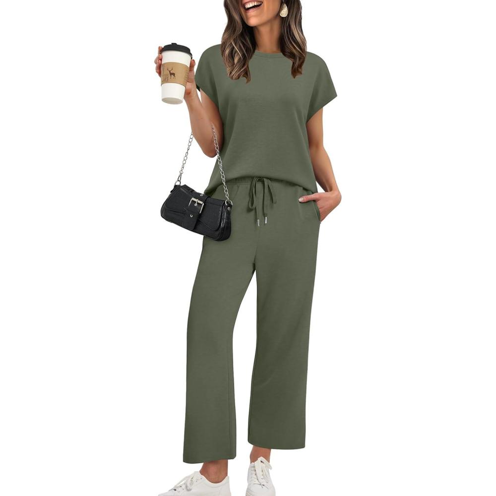 imageXIEERDUO Womens Cap Sleeve Lounge Sets 2 Piece Travel Outfits Airport Tracksuits Wide Leg Loungewear S3XLArmy Green