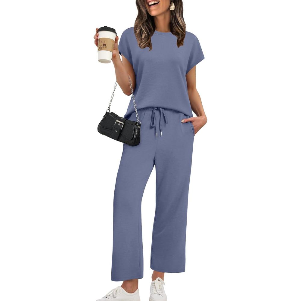 imageXIEERDUO Womens Cap Sleeve Lounge Sets 2 Piece Travel Outfits Airport Tracksuits Wide Leg Loungewear S3XLBlue