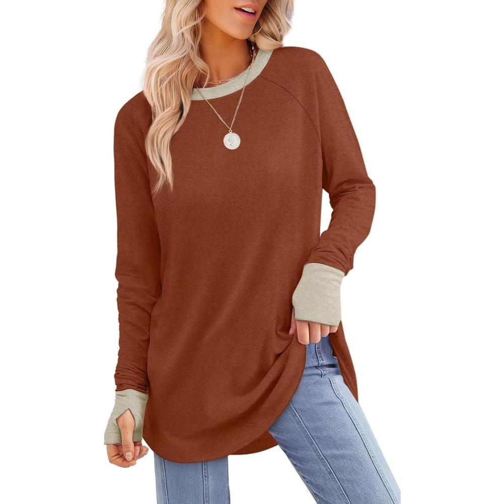 imageXIEERDUO Womens Tunic Tops to Wear with Leggings Long Sleeve Thumb Hole Shirts Crew Neck Curved HemRcolor Block Caramel