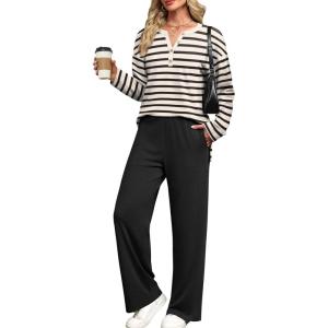 XIEERDUO Lounge Sets for Women 2 Piece V Neck Button Matching Sweatsuit Loungewear Fall Outfits Fashion Clothing Pajamas(Black Stripe)