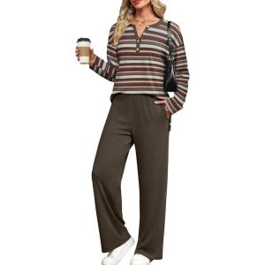 XIEERDUO Lounge Sets for Women 2 Piece V Neck Button Matching Sweatsuit Loungewear Fall Outfits Fashion Clothing Pajamas(Brown Stripe)