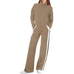 XIEERDUO Lounge Sets for Women 2025 Sweatsuit 2 Piece Outfits Sweatshirt Wide Leg Sweatpant Tracksuit Matching Set(Coffe)