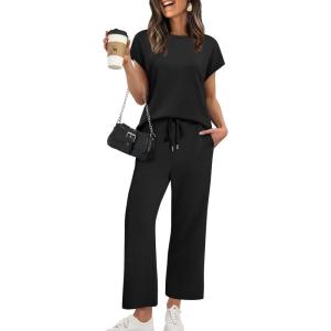 XIEERDUO Women’s Cap Sleeve Lounge Sets 2 Piece Travel Outfits Airport Tracksuits Wide Leg Loungewear S-3XL(A Black)