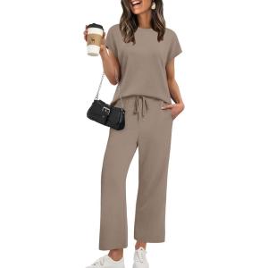 XIEERDUO Women’s Cap Sleeve Lounge Sets 2 Piece Travel Outfits Airport Tracksuits Wide Leg Loungewear S-3XL(A Khaki)