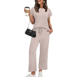 XIEERDUO Women’s Cap Sleeve Lounge Sets 2 Piece Travel Outfits Airport Tracksuits Wide Leg Loungewear S-3XL(Apricot)