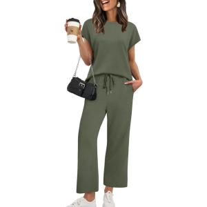 XIEERDUO Women’s Cap Sleeve Lounge Sets 2 Piece Travel Outfits Airport Tracksuits Wide Leg Loungewear S-3XL(Army Green)